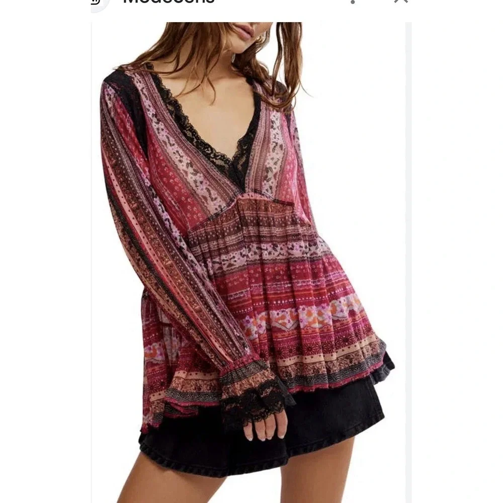 Free People Natalie Boho Printed Long Sleeve Top in Plum Red Lace‎ Black Sm